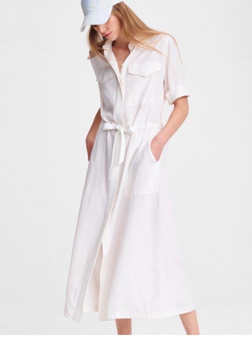 Rag & Bone Luna Linen Blend Shirt Dress Marshmallow Midi Tie Waist Size XS